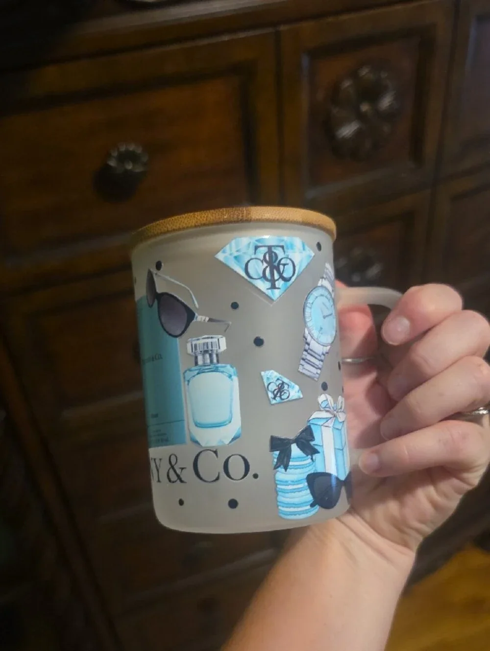 Blue and Tan Decorative Trinket Mug with Lid